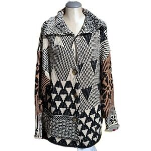 Free People Black And Tan Tate Cardigan Boho Slouchy Cozy Knit Women's M